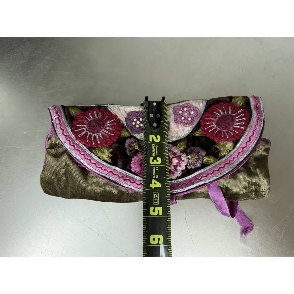 VINTAGE FOLD-UP JEWELRY TRAVEL BAG Velvet Satin Embroidered Flowers Boho